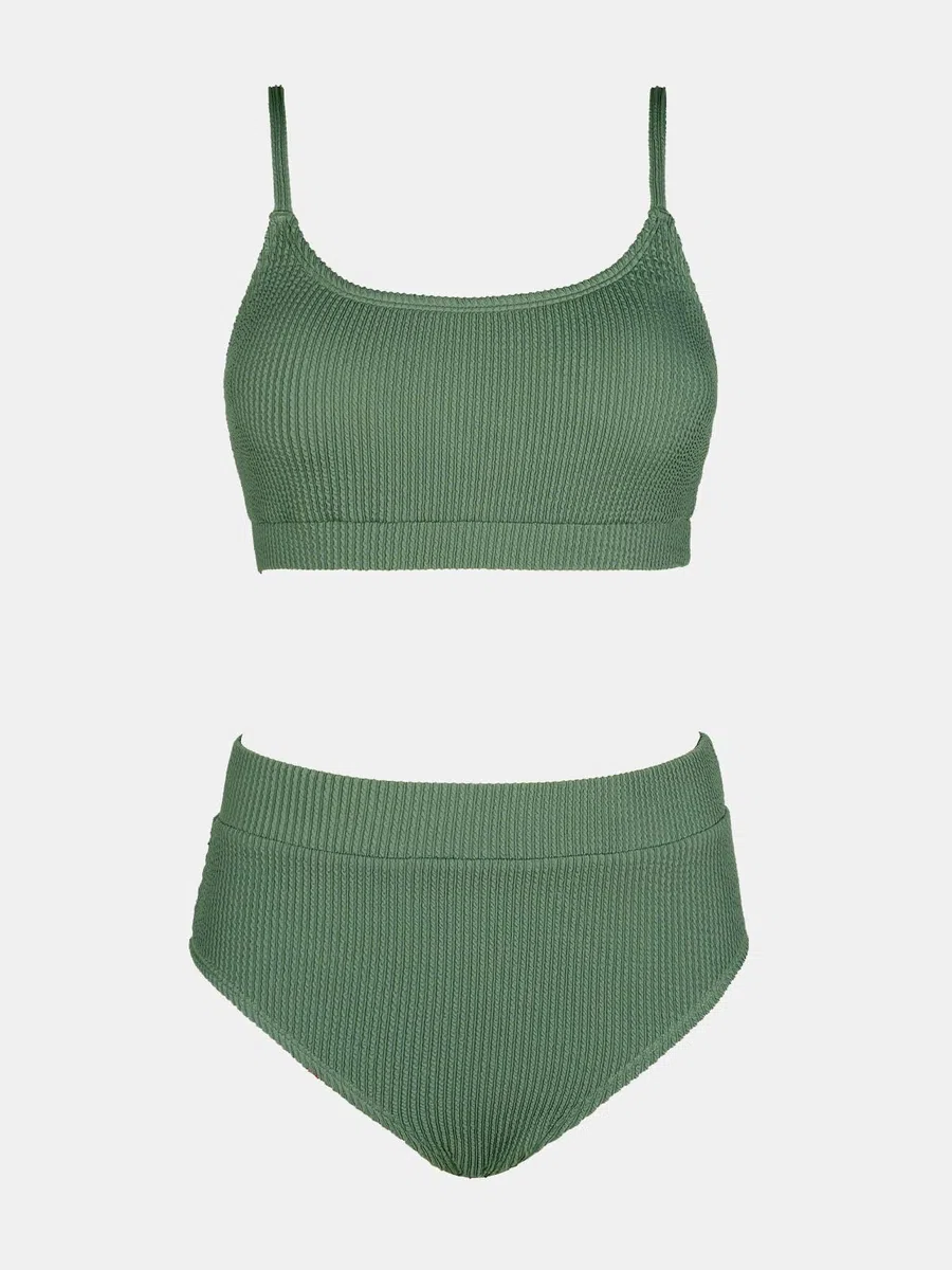 CUPSHE Ensemble bikini deux pièces en tissu texturé pour femme, avec taille haute, col rond et bretelles spaghetti réglables