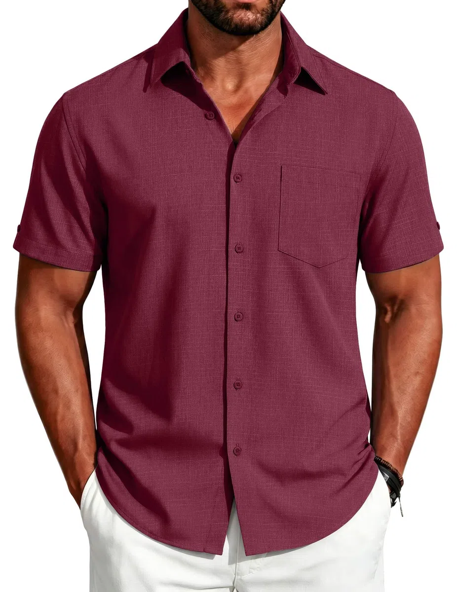 Coofandy Chemises à Manches Courtes avec Boutons pour Homme - Chemise d'été décontractée en Lin avec Poche
