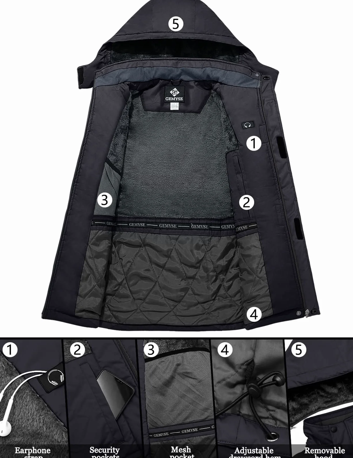 GEMYSE Veste de Ski Homme Imperméable Coupe-Vent avec Capuche Manteau Chaud pour Hiver Montagne et Randonnée