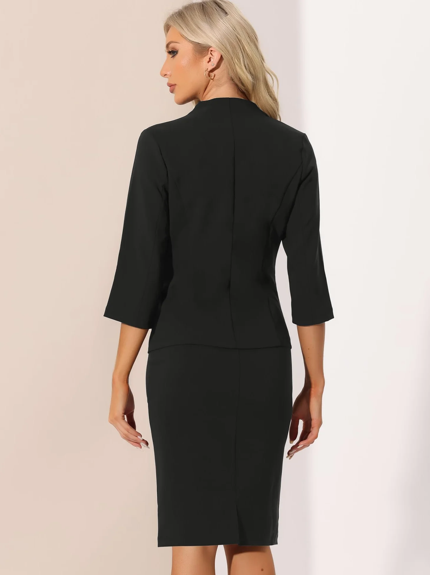 Allegra K Ensemble de Costume pour Femmes Jupe Crayon d'affaires Tenue de Travail 2 Pièces Blazer Col en V de Bureau Noir L