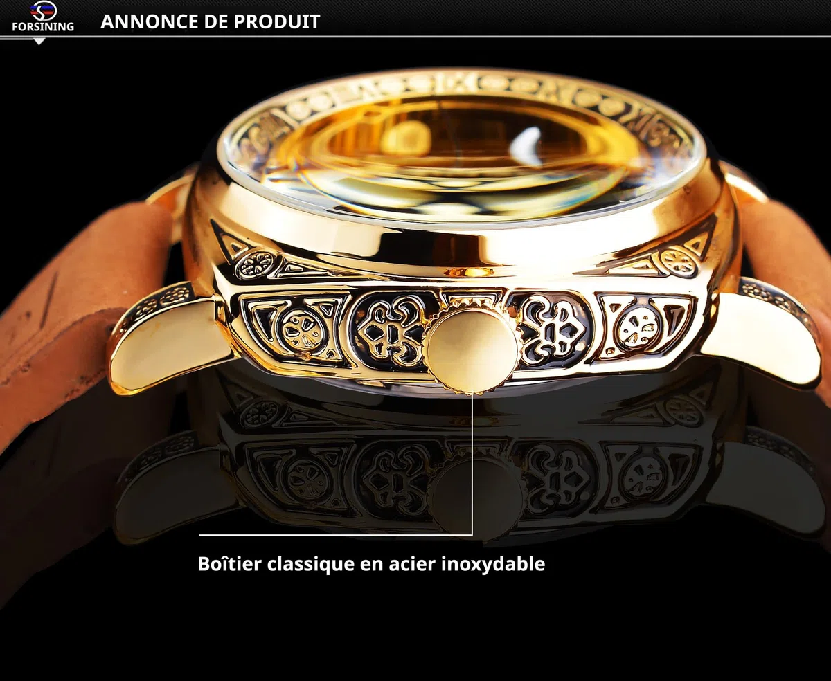 FORSINING Montre Homme Mécanique Automatique Carrée Squelette Dorée, Bracelet en Cuir Vintage Style Rétro, Étanche, Montre Bracelet Classique pour Homme