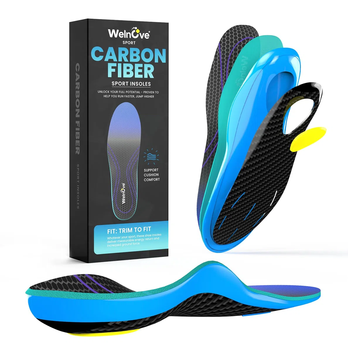 Semelles de Sport en Fibre de Carbone - Soutien de la Voûte Plantaire & Absorption des Chocs pour Sports Intenses -Taille 43-44.5 (Homme/Femme)
