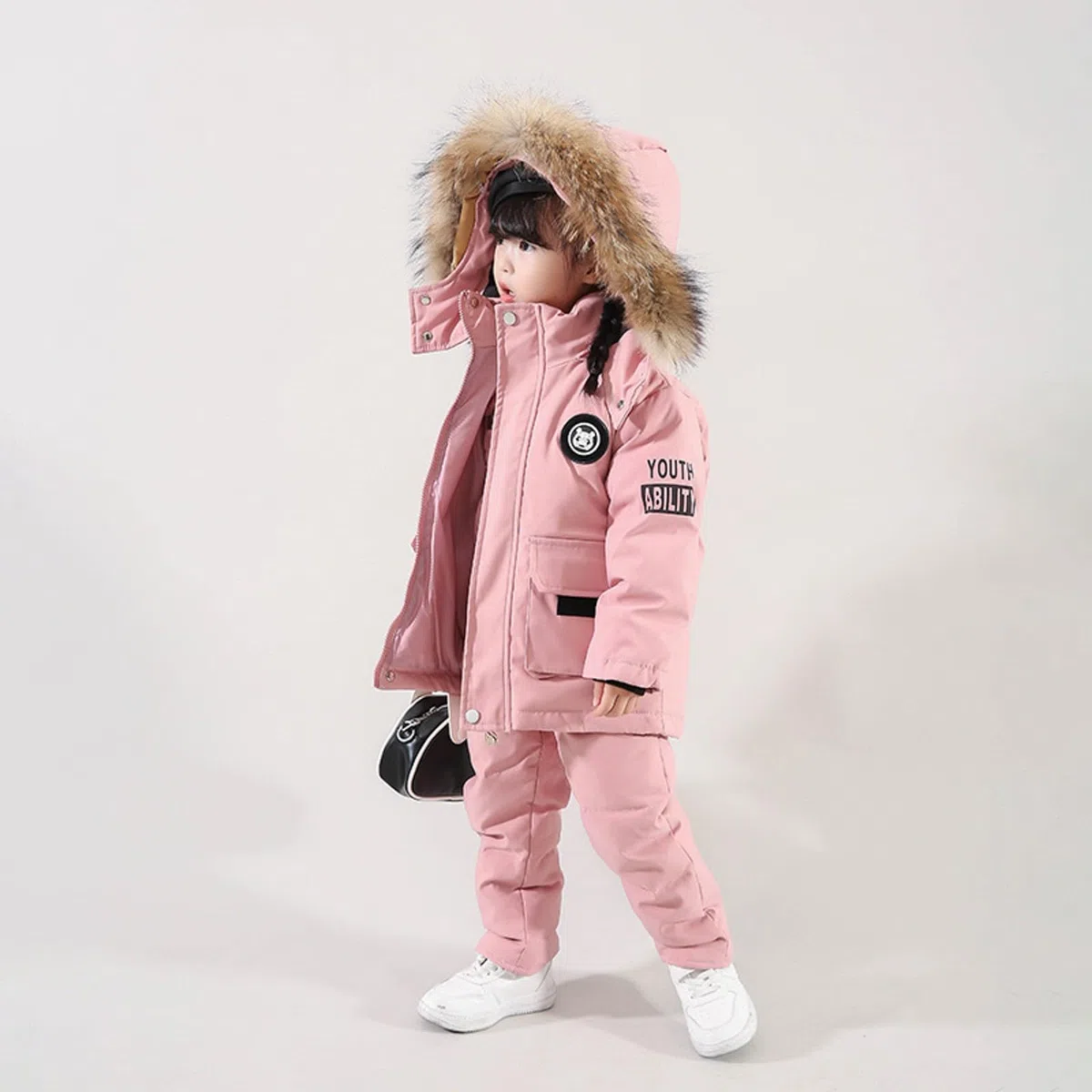 Enfant Combinaison de Ski Hiver Chaud Bébé 2 Pièces Doudoune à Capuche Zippé Manteau avec Neige Bavoir Salopette Pantalon Garçons Filles Combinaisons de Neige Imperméable Coupe-vent 1-6 Ans