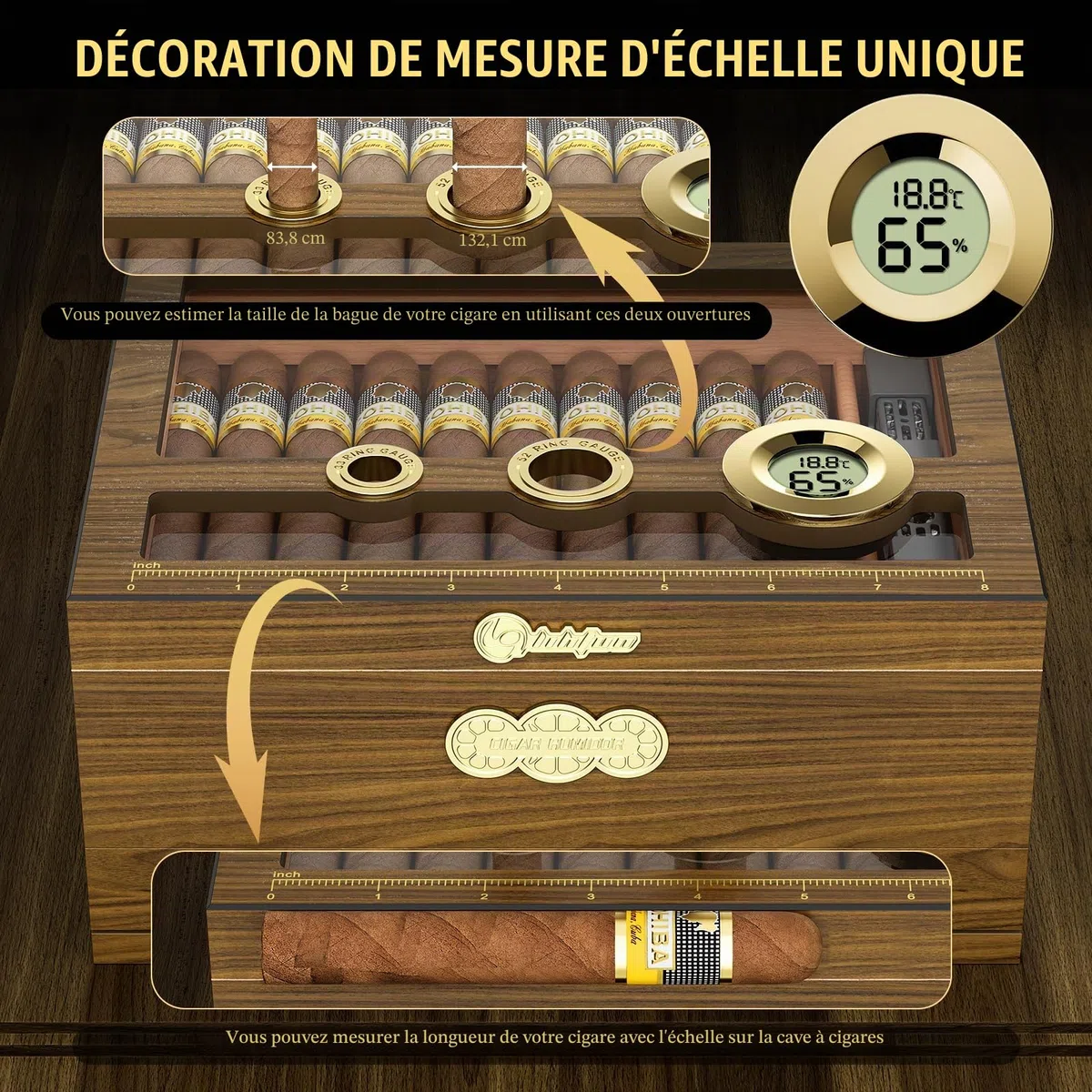 LIHTUN Cave à cigare, étui à cigares de bureau avec hygromètre numérique, humidificateur, tiroir d'accessoires de cigare, tiroir et échelle de mesure, boîte à cigares pour homme (Ch-2)