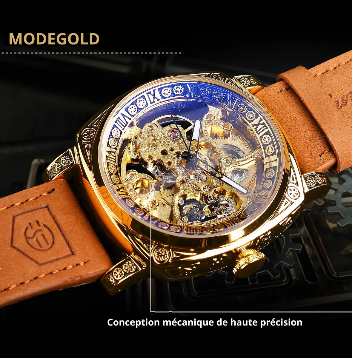 FORSINING Montre Homme Mécanique Automatique Carrée Squelette Dorée, Bracelet en Cuir Vintage Style Rétro, Étanche, Montre Bracelet Classique pour Homme