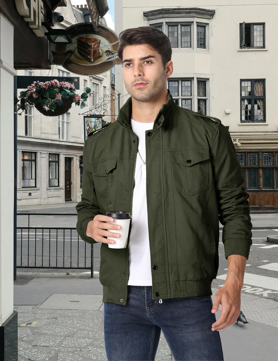 MAGCOMSEN Blouson Cargo Militaire pour Hommes Léger Coupe-vent en Coton Décontracté Mi-saison avec Col Rabattu Zippe et Multipoches