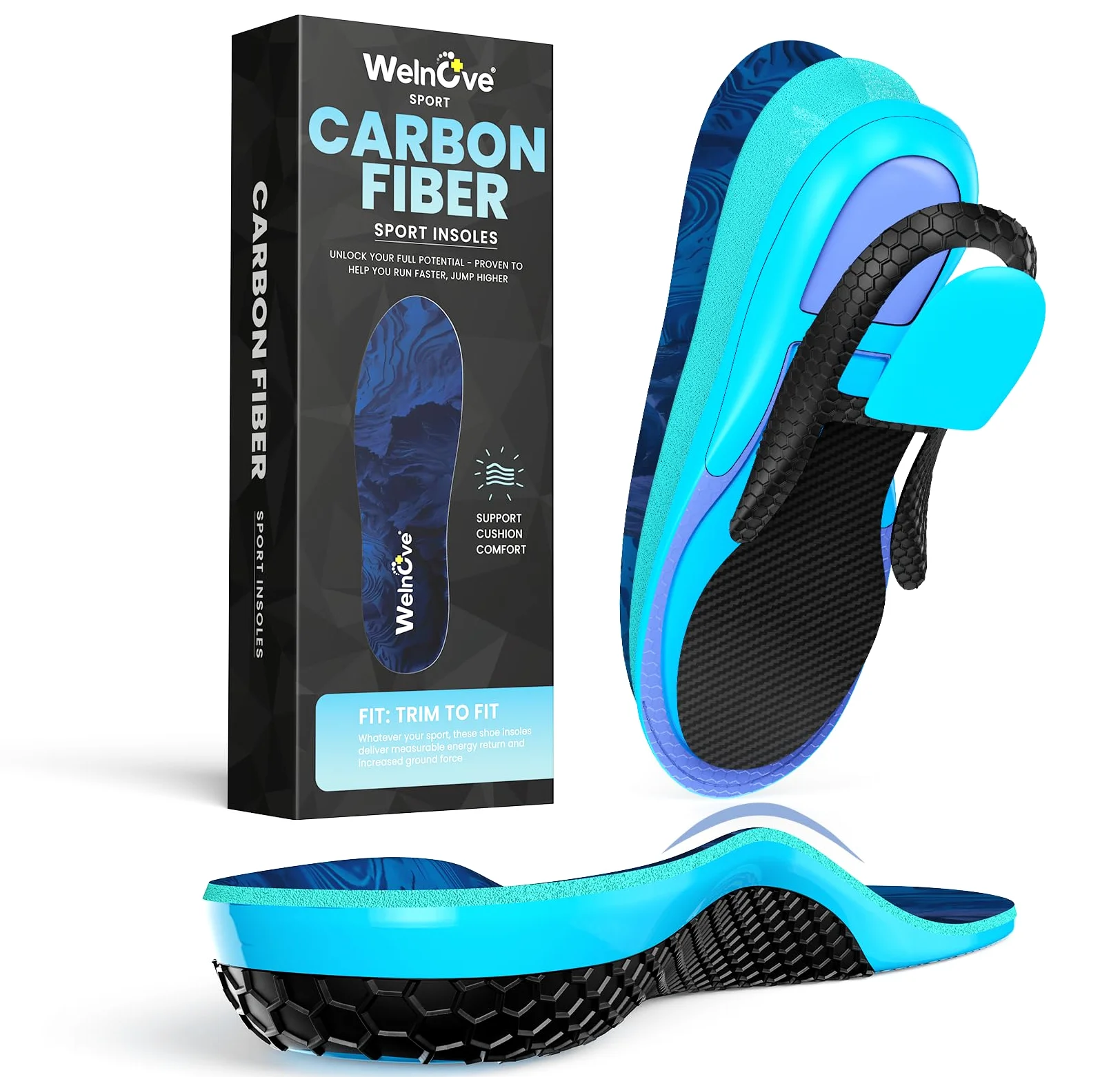 Semelles Sport en Fibre de Carbone avec Soutien de la Voûte Plantaire - Welnove Semelles Amortissantes pour Course à Pied & Sports Intenses - （M:39-40.5)
