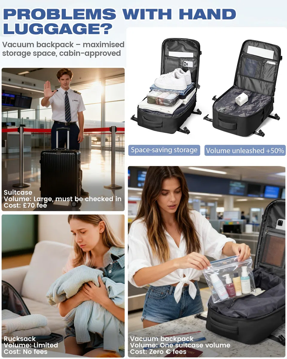 SZLX Sac à Dos Voyage Babine Sous Vide avec Pompe 40x30x20 Bagage Cabine 40x20x25 Sous Vide pour Ryanair Wizz air Easyjet Bagage à Main Femme Homme avec Compartiment Chaussures,Valise Sous Vide