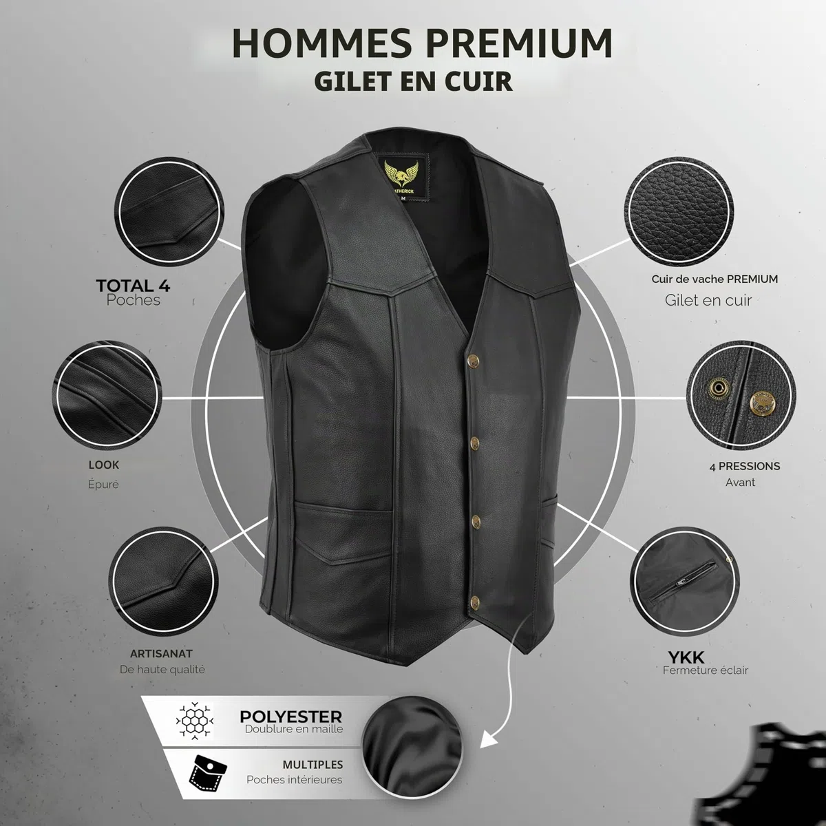 Leatherick Gilet en cuir véritable pour hommes de, noir - Style motard Mode décontractée