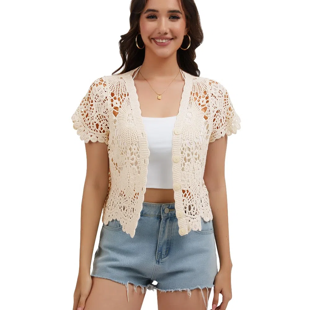 Boléro à manches courtes pour femme avec dentelle au crochet