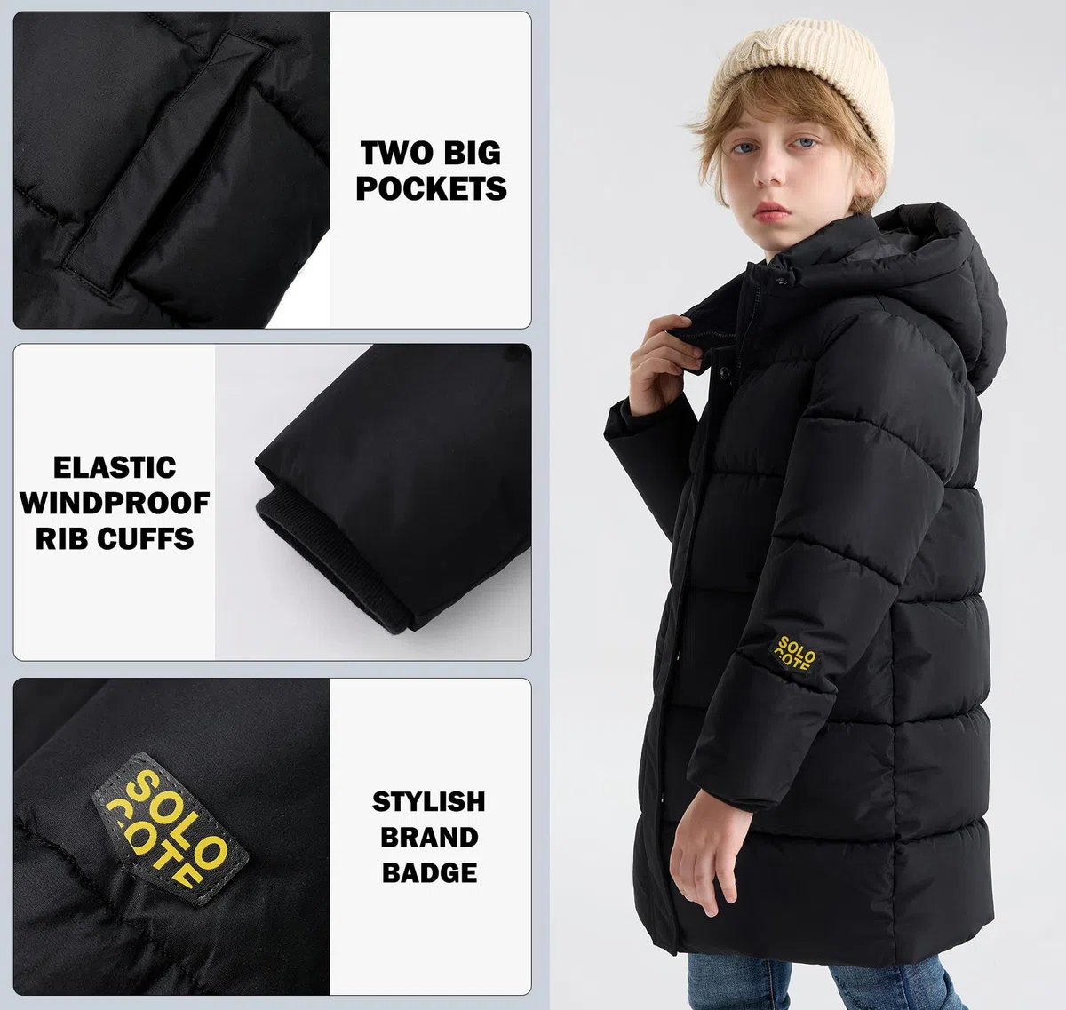 SOLOCOTE Manteaux d'Hiver Épais pour Garçons Longue Doudoune Imperméable avec Veste à Capuche pour Enfants
