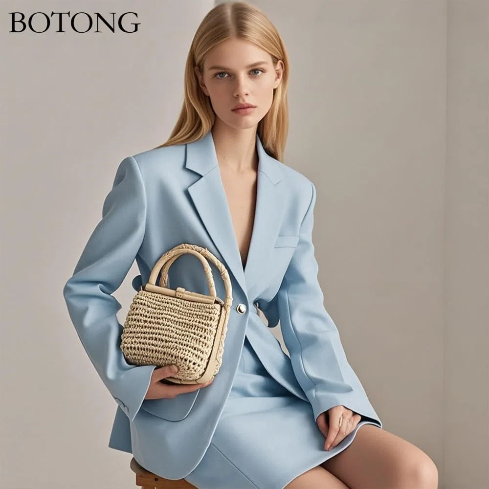 Ensemble 2 pièces pour femme avec jupe à un bouton et revers cranté, poche plaquée, tenue décontractée, blazer et jupe