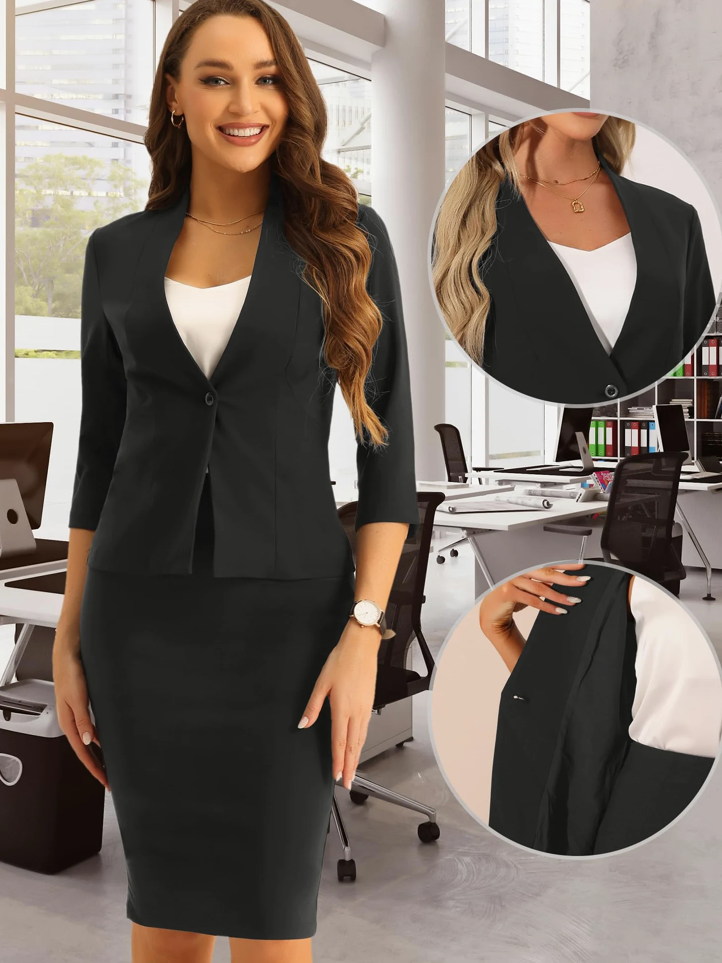 Allegra K Ensemble de Costume pour Femmes Jupe Crayon d'affaires Tenue de Travail 2 Pièces Blazer Col en V de Bureau Noir L