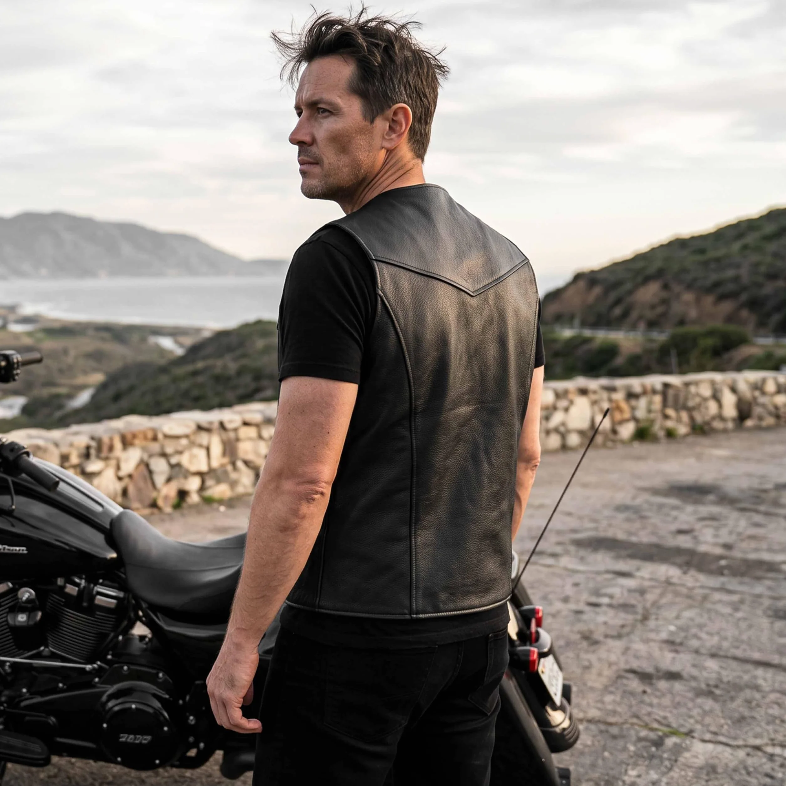 Leatherick Gilet en cuir véritable pour hommes de, noir - Style motard Mode décontractée