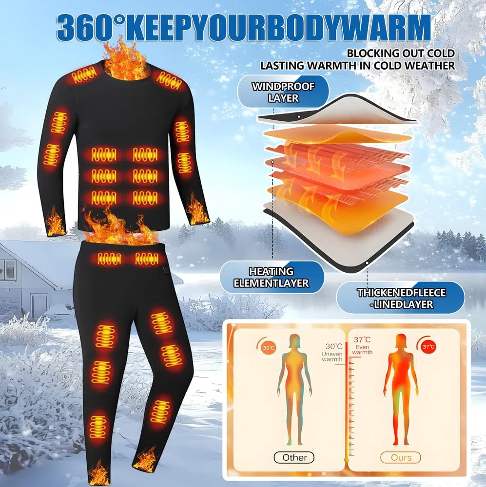 sous-vêtements Thermiques Chauffants Unisexes, sous-vêtements Thermiques Chauffants électriques,Haut à 26 Zones,Pantalon à 16 Zones Chauffage,Connexion USB et DC,adaptés au Camping et à la randonnée