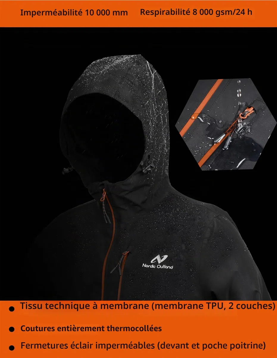 NORDIC OUTLAND Veste de pluie pour homme, imperméable et respirante avec doublure en maille, coupe-vent pour les activités de plein air