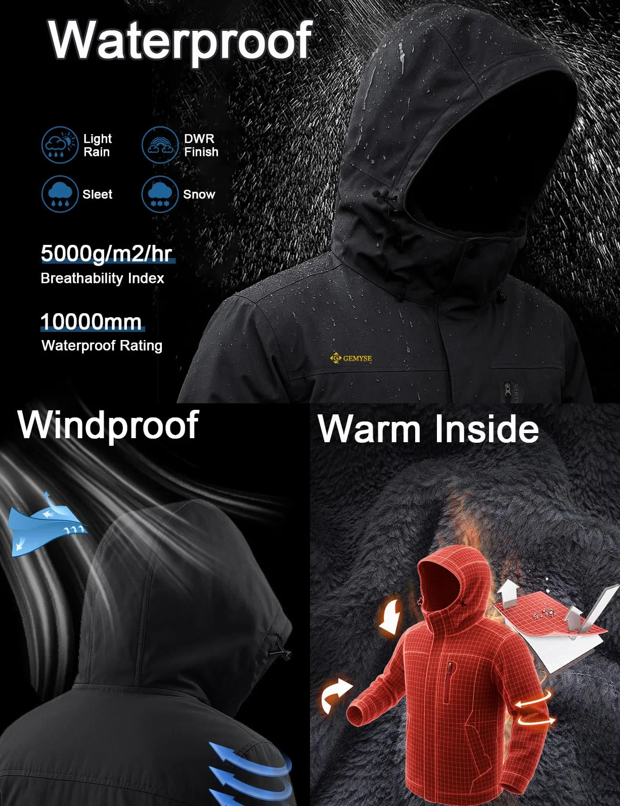 GEMYSE Veste de Ski Homme Imperméable Coupe-Vent avec Capuche Manteau Chaud pour Hiver Montagne et Randonnée
