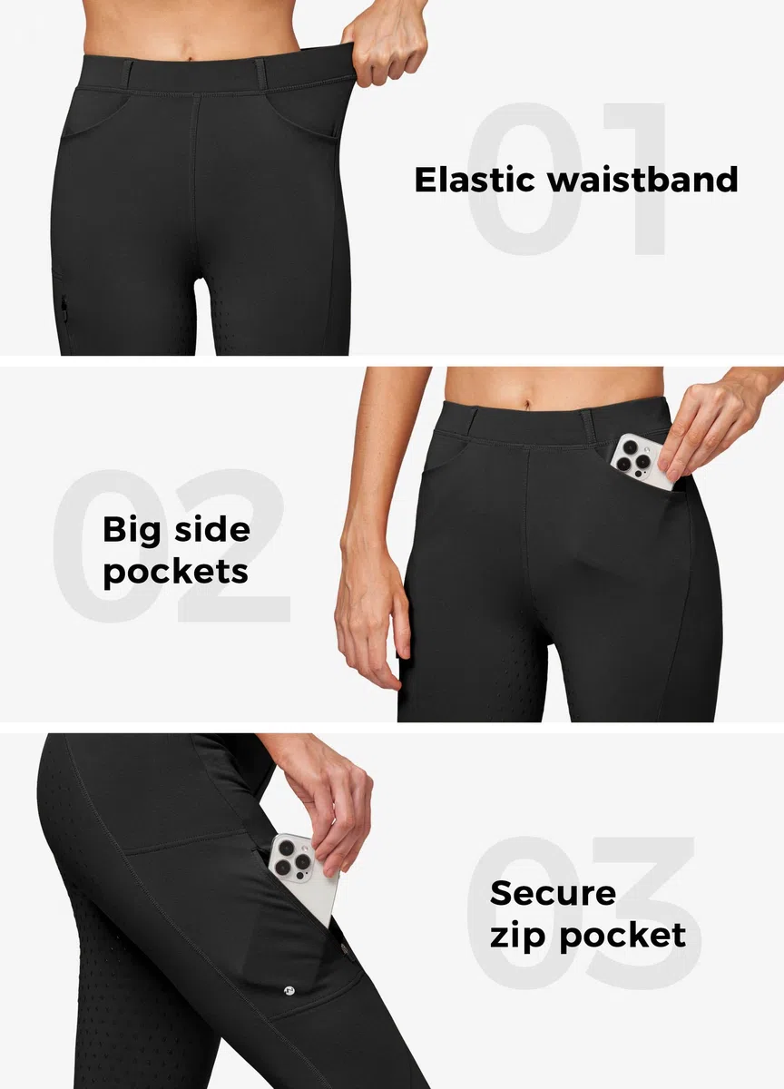 WILLIT Pantalon d'équitation pour femme - Pantalon d'équitation d'hiver doublé en polaire - Legging d'équitation en silicone - Pantalon thermique avec poches et passants de ceinture