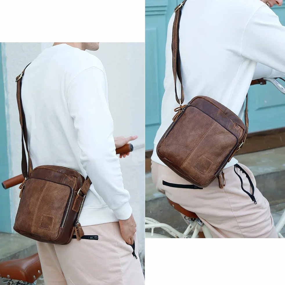 BAIGIO Sac à Bandoulière pour Homme en Cuir véritable, Petit Sacoche Bandoulière, Sac Croisé Vintage, Sacoche Cuir Homme pour Travail, Voyage, Vie Quotidienne