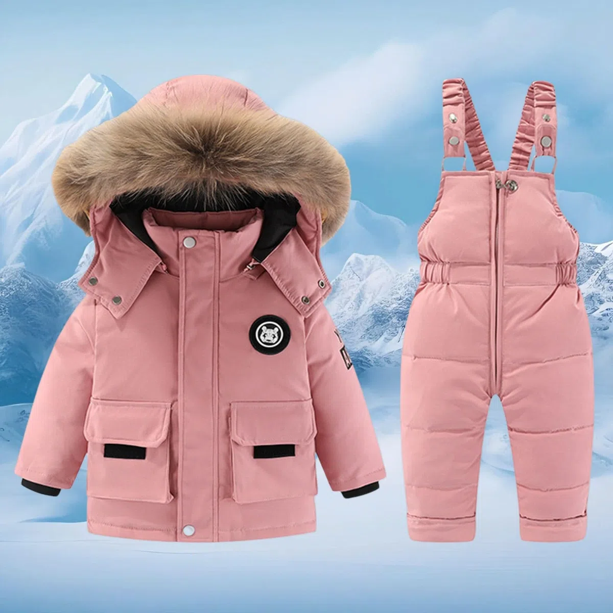 Enfant Combinaison de Ski Hiver Chaud Bébé 2 Pièces Doudoune à Capuche Zippé Manteau avec Neige Bavoir Salopette Pantalon Garçons Filles Combinaisons de Neige Imperméable Coupe-vent 1-6 Ans