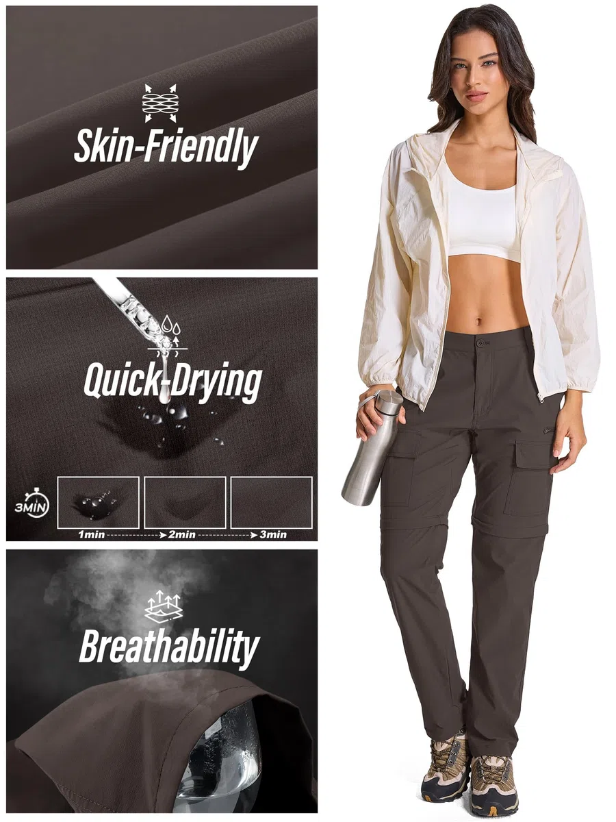 Jessie Kidden Pantalon cargo de randonnée convertible léger à séchage rapide UPF 50+ fermeture éclair pour femme