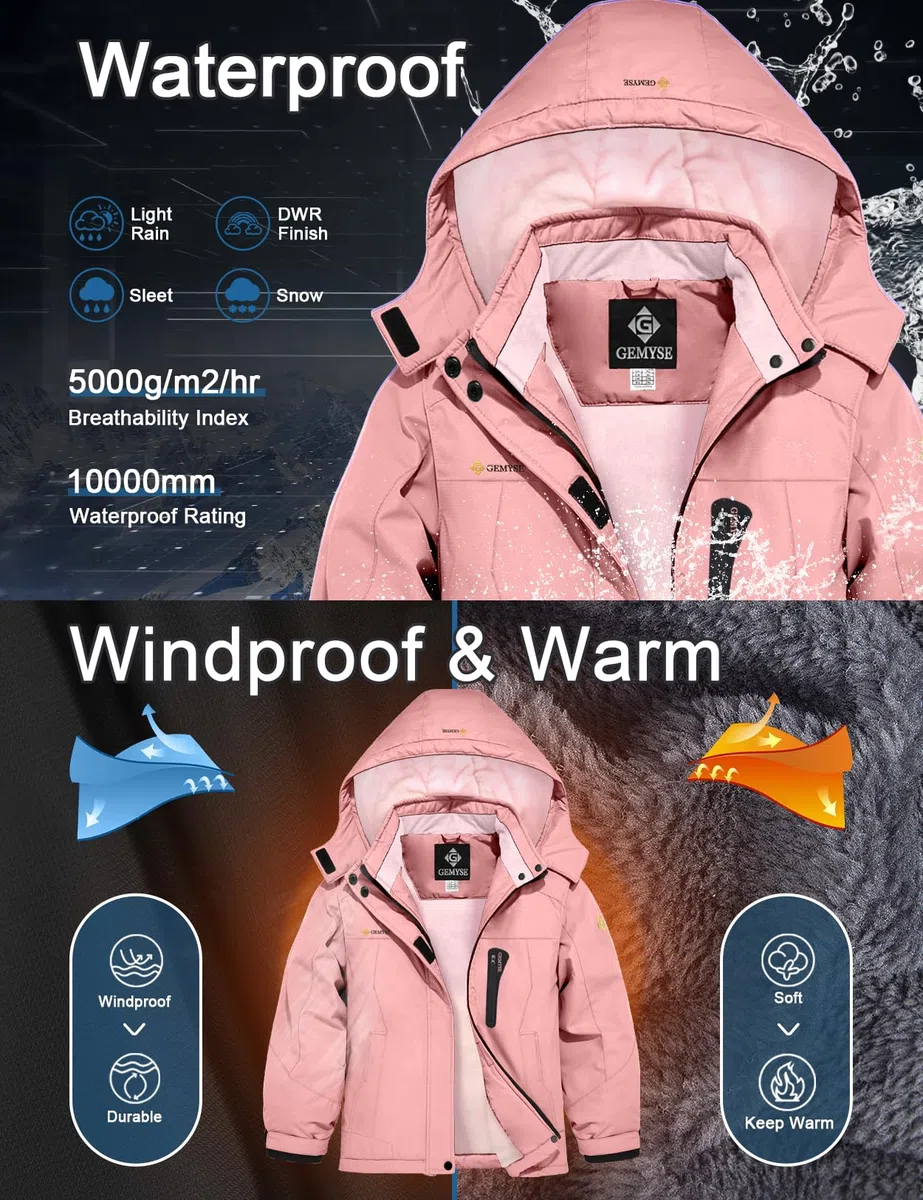 GEMYSE Veste de Ski Imperméable de Montagne pour Fille Manteau d'hiver Extérieur en Polaire Coupe-Vent avec Capuche
