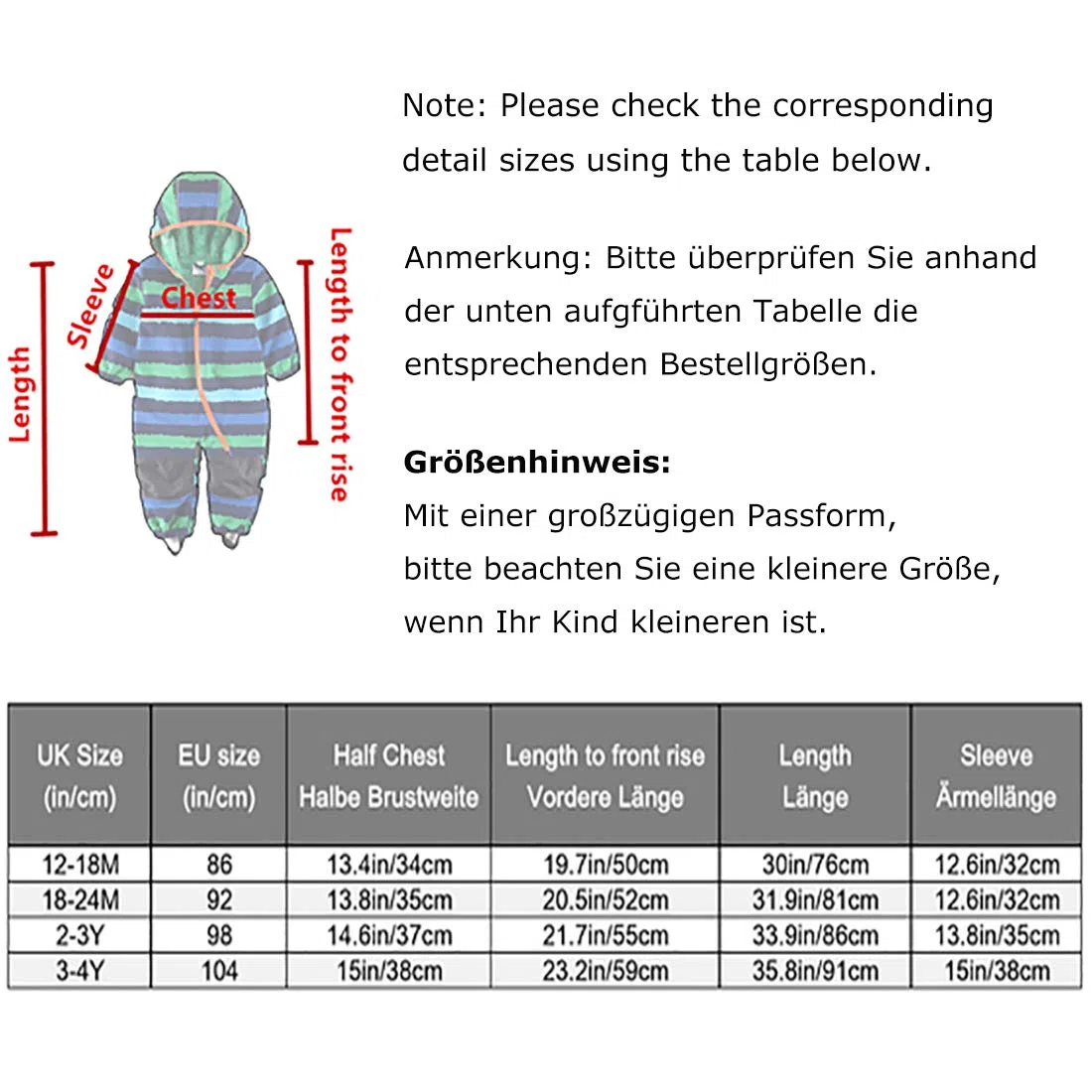 Combinaison à Capuche Imperméable Bébé Garçon et Fille avec Doublure Molletonnée Tout-en-Un pour Landau et Jouer dans la Boue 18 Mois à 4 Ans