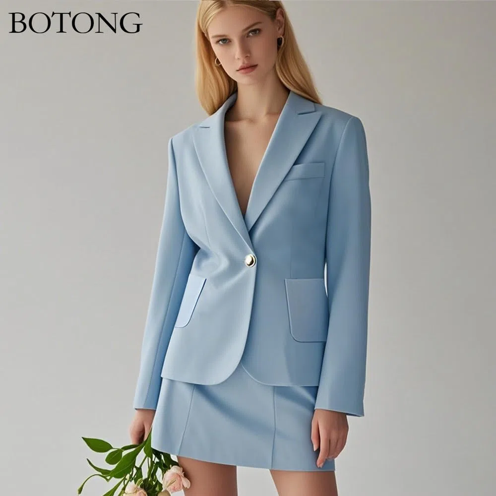 Ensemble 2 pièces pour femme avec jupe à un bouton et revers cranté, poche plaquée, tenue décontractée, blazer et jupe