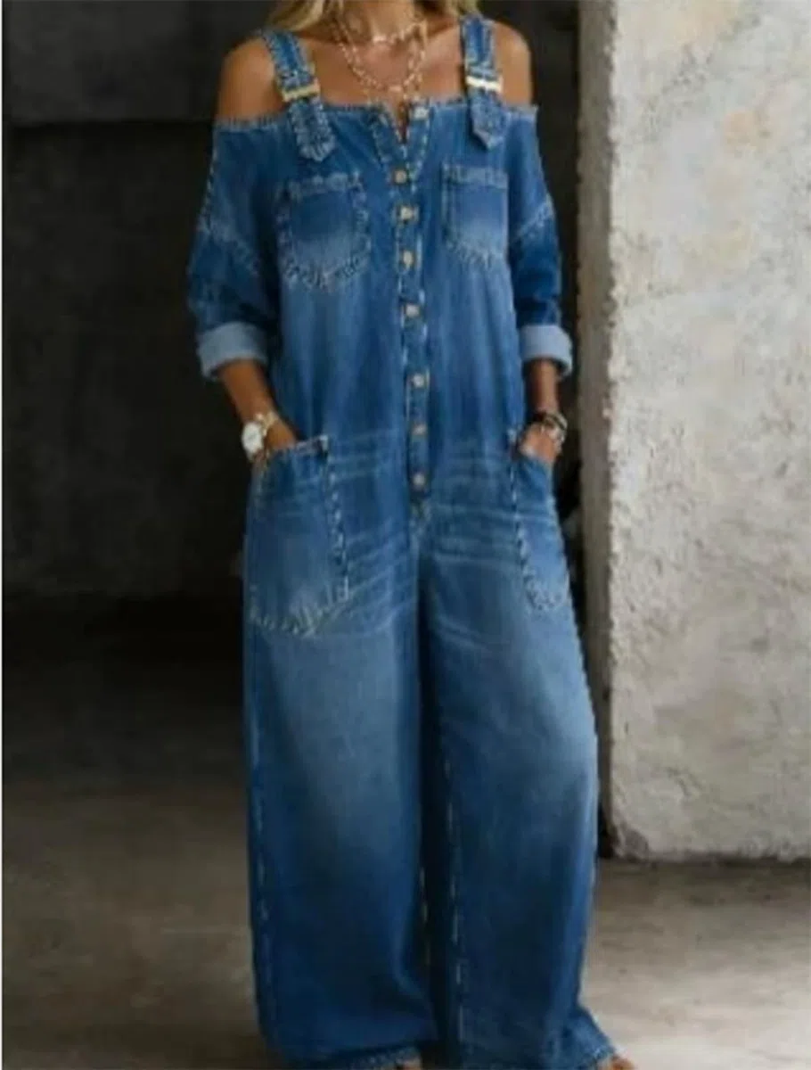 Combinaisons en Jean pour Femmes, Salopettes Une pièce à Manches Longues et épaules dénudées, Pantalon Long Style Streetwear décontracté, Combinaisons Amples