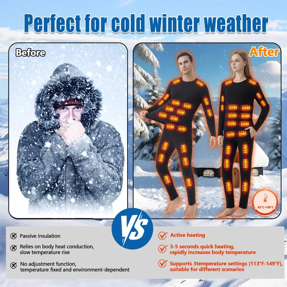 sous-vêtements Thermiques Chauffants Unisexes, sous-vêtements Thermiques Chauffants électriques,Haut à 26 Zones,Pantalon à 16 Zones Chauffage,Connexion USB et DC,adaptés au Camping et à la randonnée