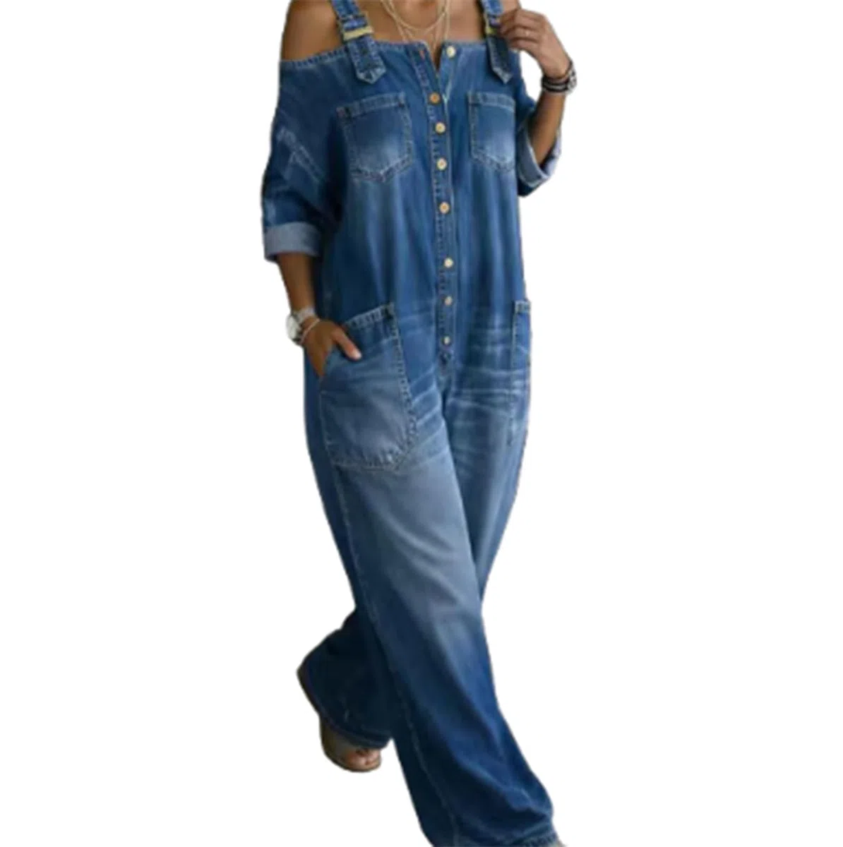 Combinaisons en Jean pour Femmes, Salopettes Une pièce à Manches Longues et épaules dénudées, Pantalon Long Style Streetwear décontracté, Combinaisons Amples