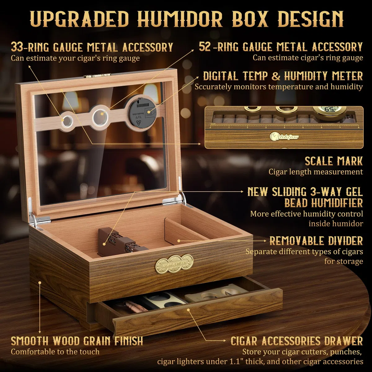 LIHTUN Cave à cigare, étui à cigares de bureau avec hygromètre numérique, humidificateur, tiroir d'accessoires de cigare, tiroir et échelle de mesure, boîte à cigares pour homme (Ch-2)