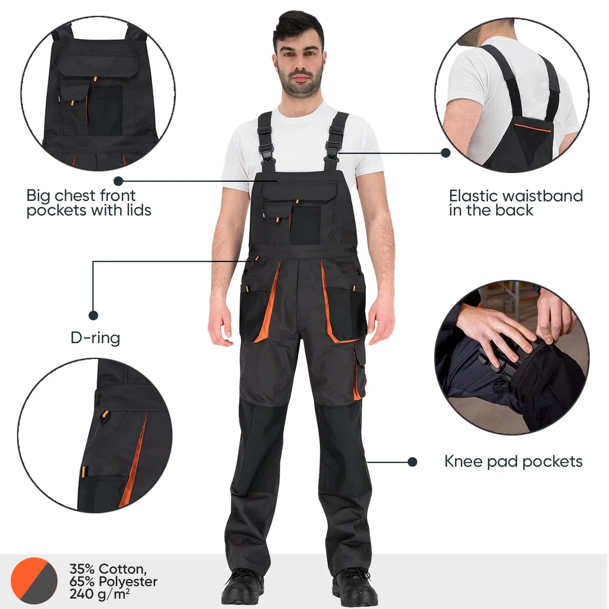 BWOLF Atlas Salopette de Travail pour Homme avec Poches Multifonctions Gris/Orange - Gris - X-Large