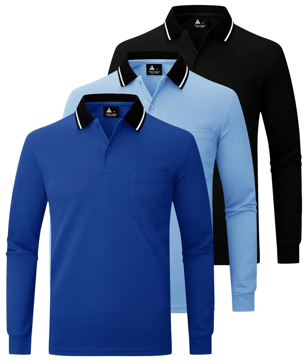 JACKETOWN Lot de 3 Polo pour Homme à Manches Longues Polo de Golf Travail avec Boutons Polos Chemise Respirants Décontractés T Shirts à Poche