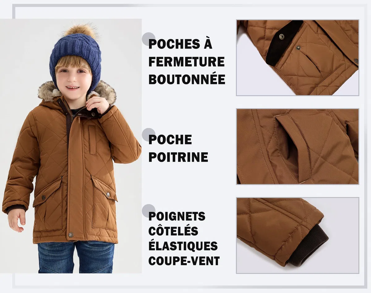 maoo garden Veste D'Hiver Doublée Sherpa Pour Petits Garçons Enfants Manteau Résistant à L'Eau à Capuche En Fourrure Gonflée