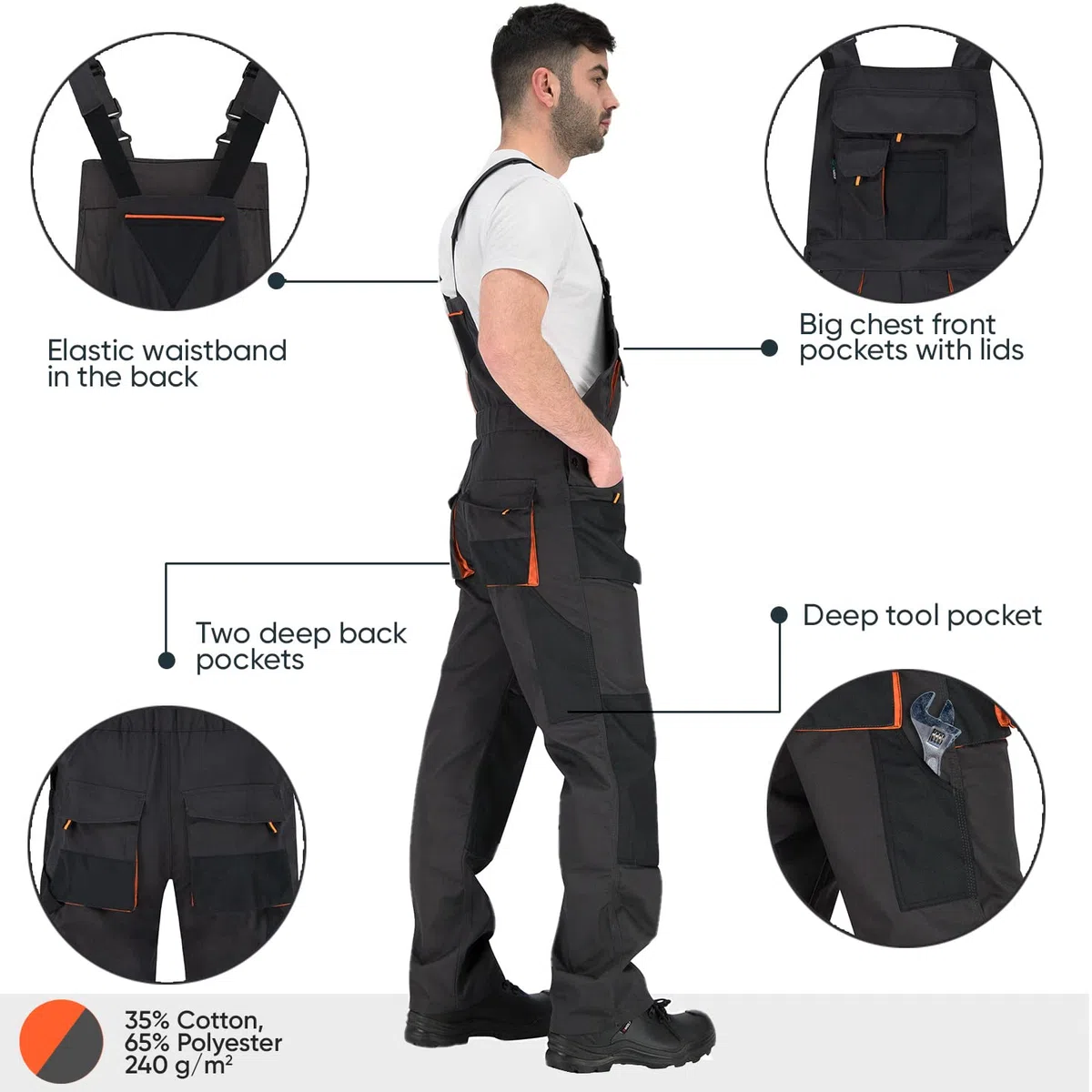 BWOLF Atlas Salopette de Travail pour Homme avec Poches Multifonctions Gris/Orange - Gris - X-Large
