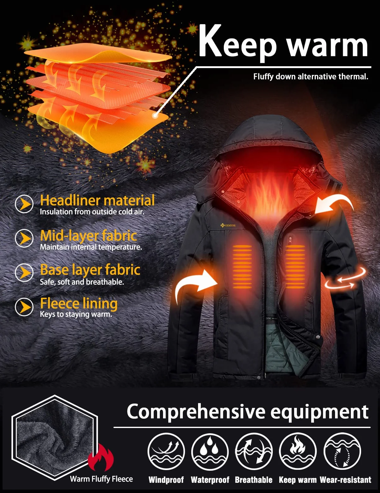 GEMYSE Veste de Ski Homme Imperméable Coupe-Vent avec Capuche Manteau Chaud pour Hiver Montagne et Randonnée
