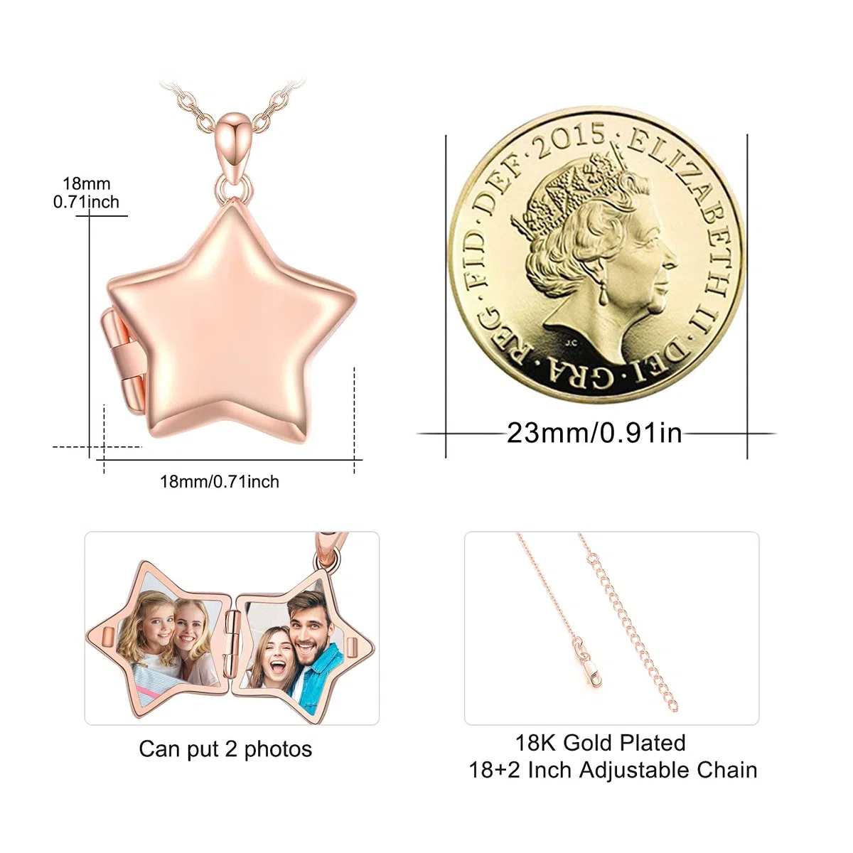 OHAYOO Médaillon à ouvrir pour photos en argent sterling 925 - Chaîne en forme d'étoile - Pendentif avec image en forme d'étoile - Avec amulette photo à ouvrir - Cadeau pour femme, fille et enfant