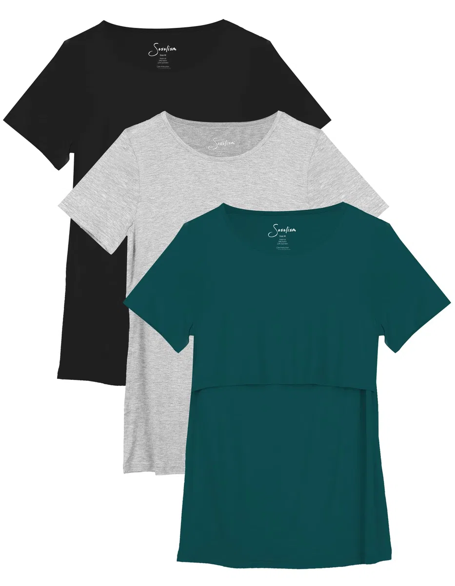 Sosolism Lot de 3 T-Shirts d'allaitement à Manches Courtes pour l'Été Shirts Décontractés pour Femmes Enceintes et Postpartum