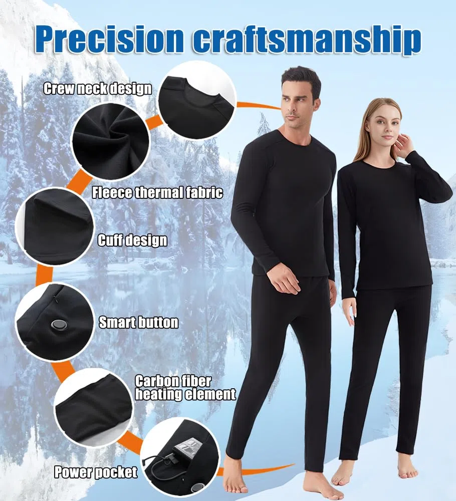 sous-vêtements Thermiques Chauffants Unisexes, sous-vêtements Thermiques Chauffants électriques,Haut à 26 Zones,Pantalon à 16 Zones Chauffage,Connexion USB et DC,adaptés au Camping et à la randonnée