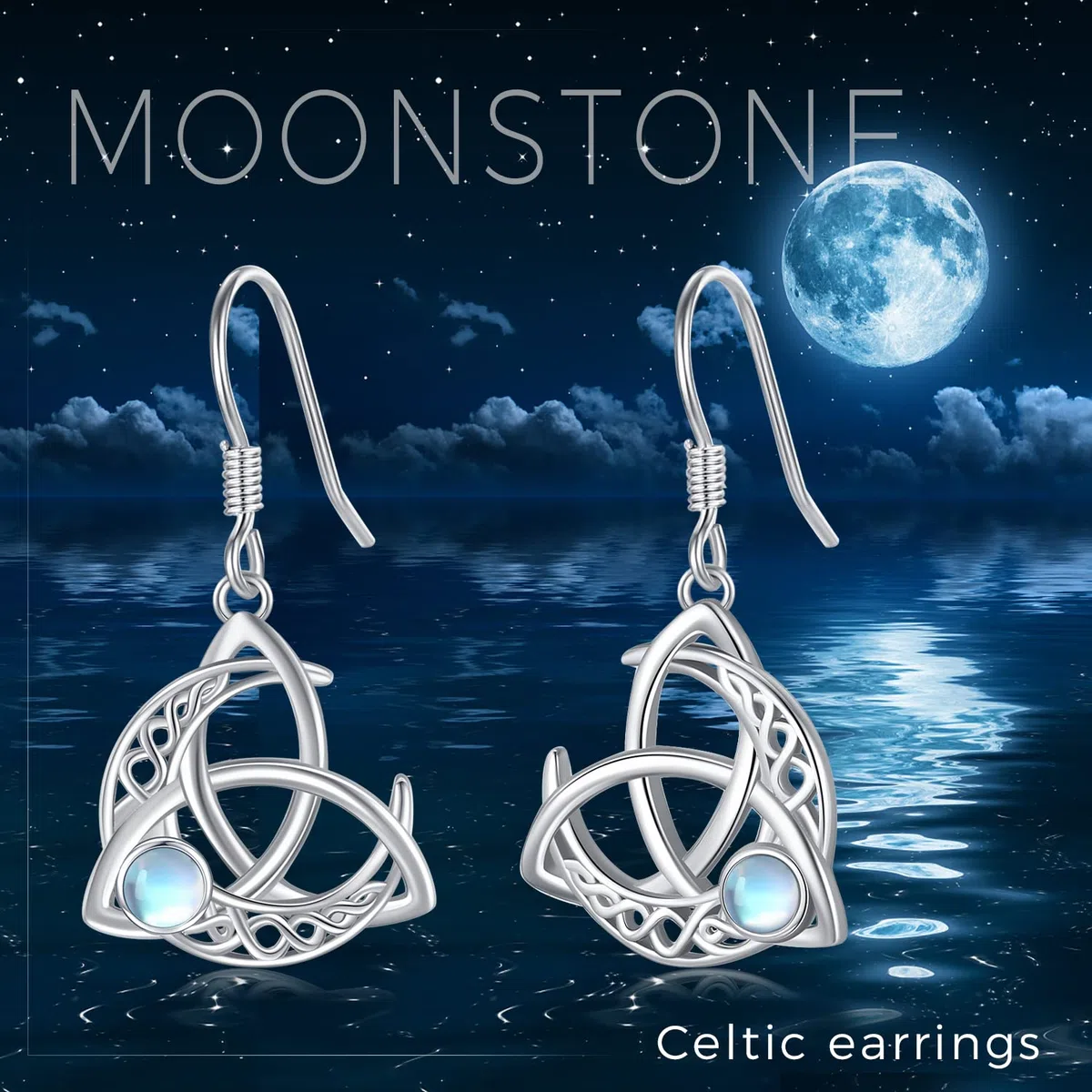 Boucles d'oreilles celtiques en argent sterling 925 - Pierre de lune - Nœud celtique - Cadeaux pour femmes, filles, petite amie