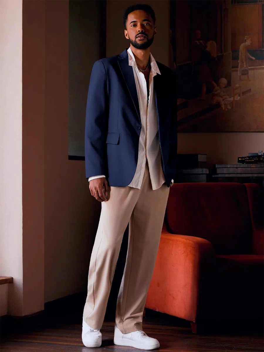 Blazer Homme Décontracté Ajusté Slim Fit Veste de Costume Noir Un Bouton Élégant Formel Business