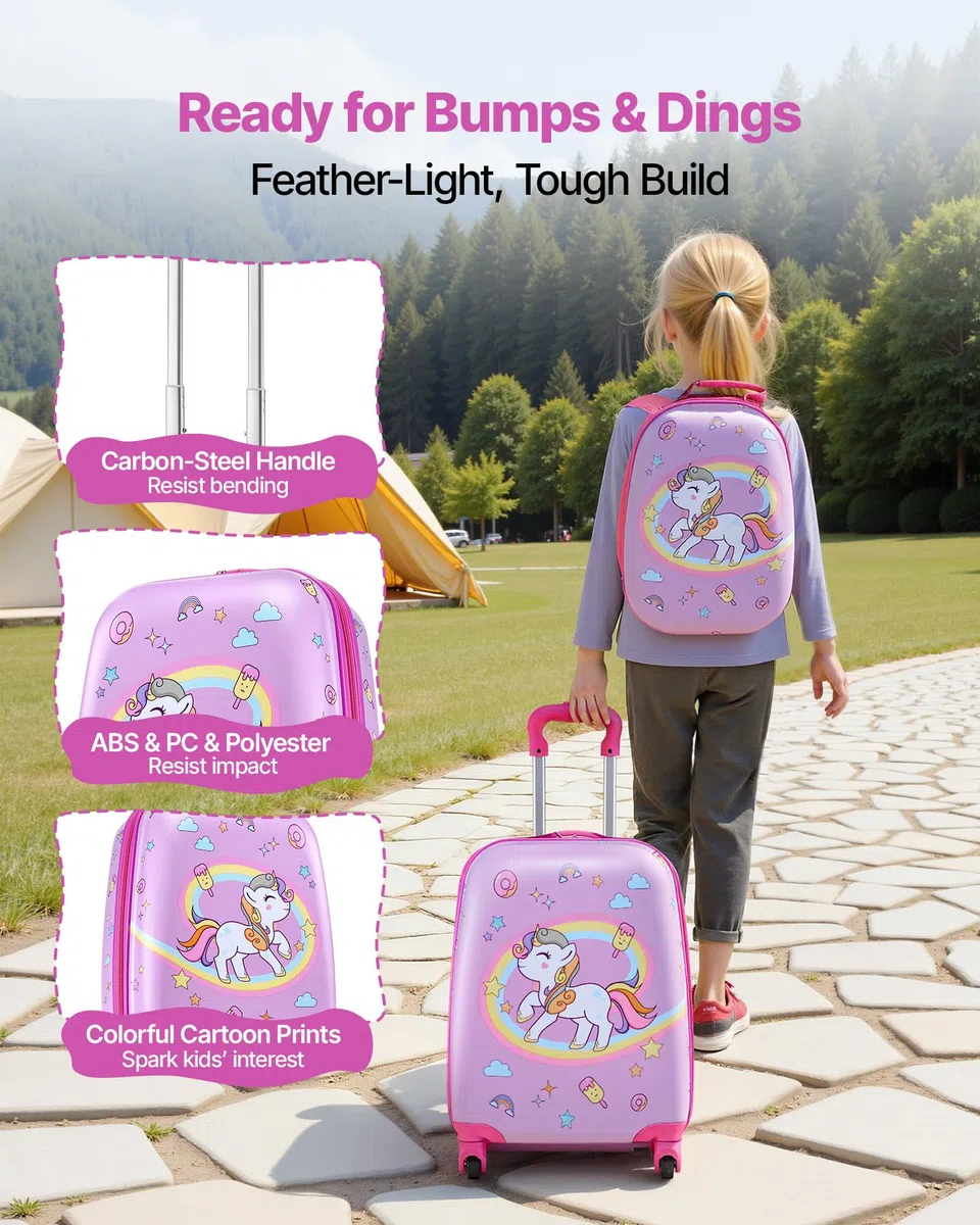 VEVOR Valise Enfant 32x23x45 cm Bagage Enfant 2 PCS avec Valise Cabine à roulettes Pivotantes pour Enfants Fille Garçon et Sac à Dos Coque Rigide Motif Licorne, Approuvée par Compagnies Aériennes