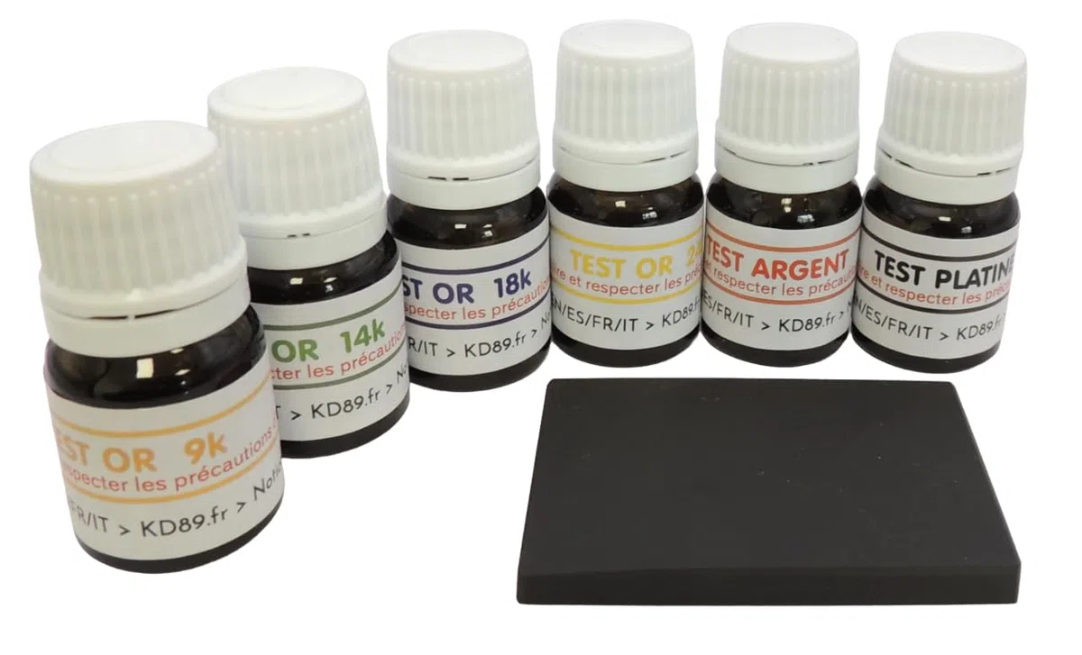 PROMO : TESTEUR OR 9,14,18,24K CARATS + Argent + Platine - KIT 6 FLACONS PRET A L'EMPLOI + TESTEUR ARGENT + TESTEUR PLATINE + PIERRE DE TOUCHE NATURELLE 45x40mm + GUIDE EXPERTISE OFFERT KD89/VD91