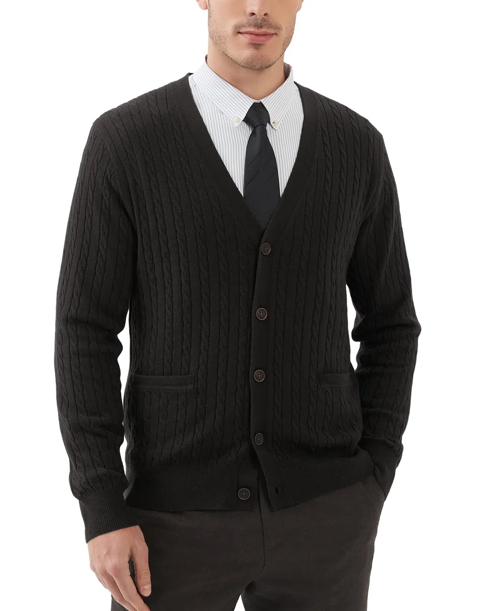 Kallspin Cardigan pour Homme Boutonné en Laine à Col en V et à Manches Longues Tricot Torsadé Gilets