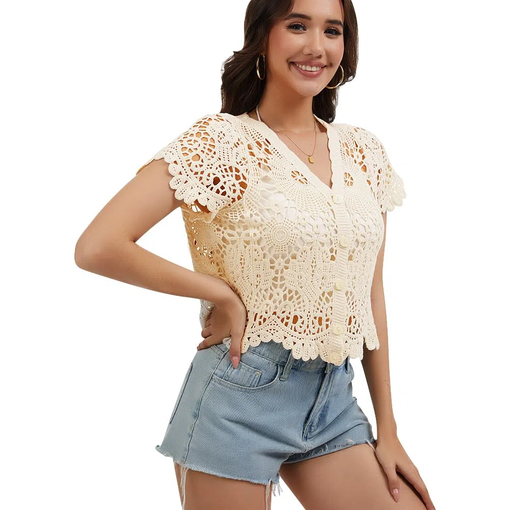 Boléro à manches courtes pour femme avec dentelle au crochet