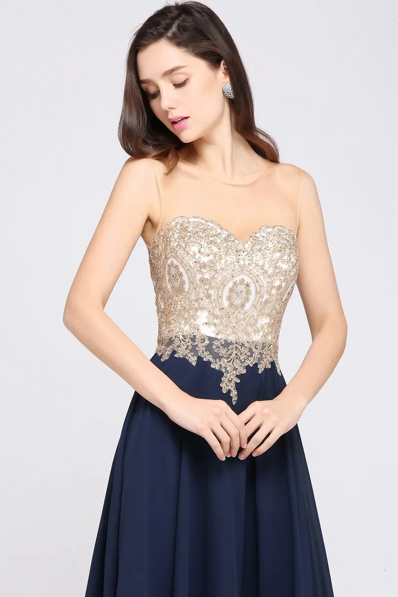 Misshow Robe de Gala Cocktail Longue avec Appliques Florale Sexy Chic Elégante pour Mariage sans Manches