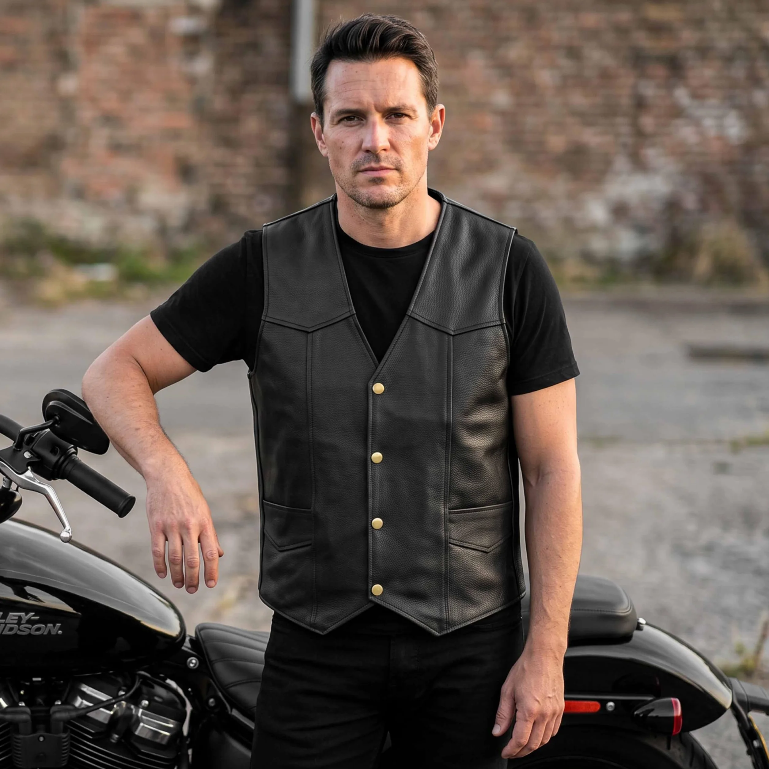 Leatherick Gilet en cuir véritable pour hommes de, noir - Style motard Mode décontractée