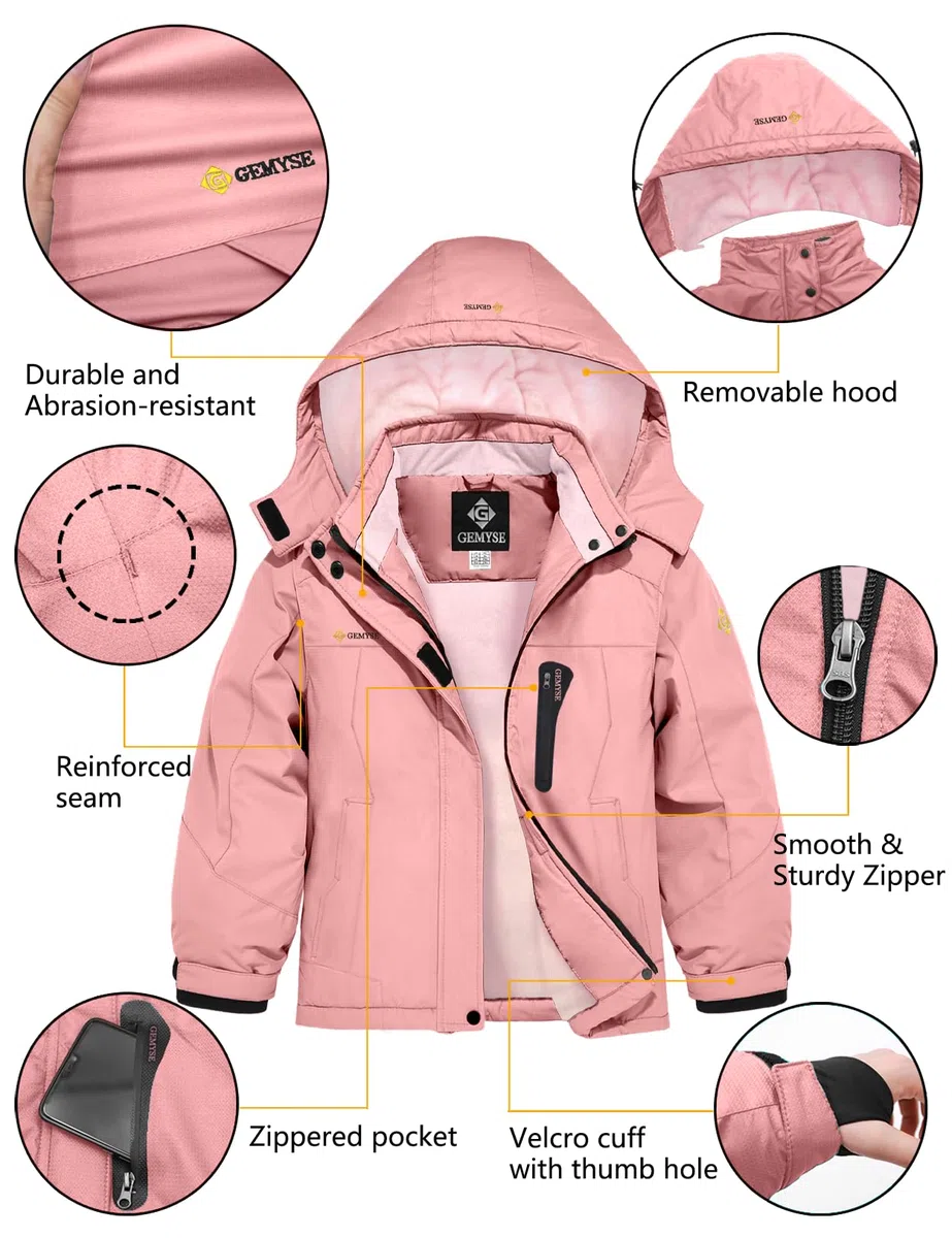 GEMYSE Veste de Ski Imperméable de Montagne pour Fille Manteau d'hiver Extérieur en Polaire Coupe-Vent avec Capuche