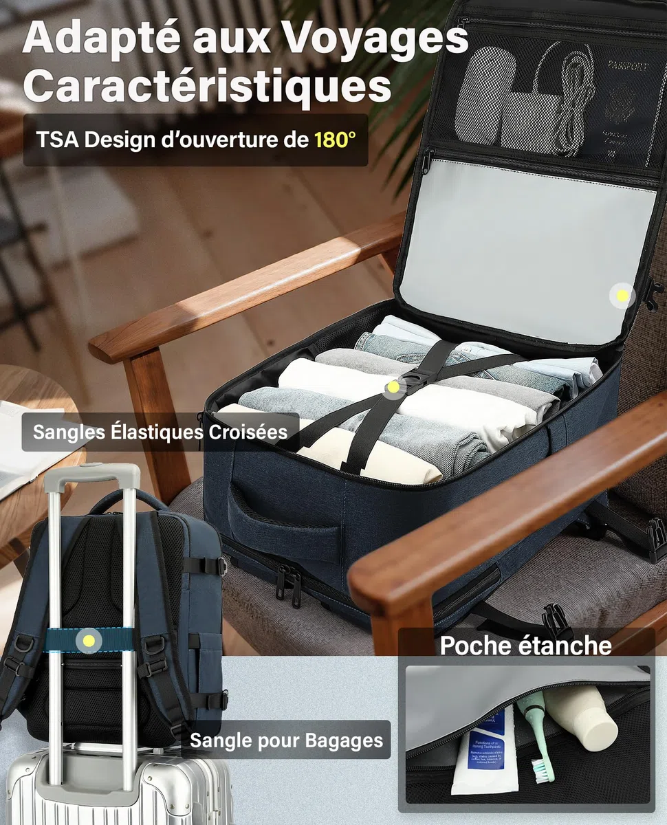 VANKEV Ryanair Easyjet Eurowings Wizz Air Sac à Dos Voyage Cabine 40x30x20cm-24L, Bagage à Main Bagage Cabine Accepte un Ordinateur Portable de 15,6 Pouces bleu ardoise
